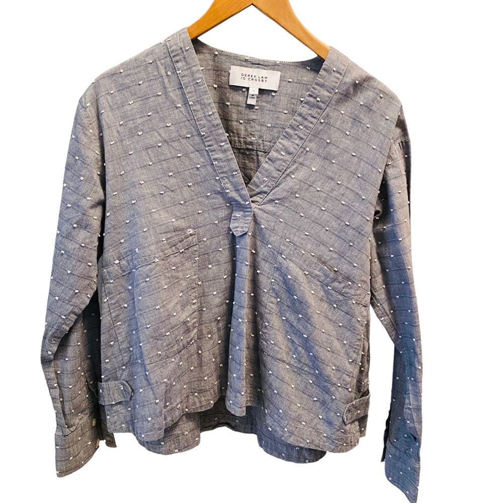 Derek Lam 10 Crosby Grey Swiss Dot Chambray V-Neck Popover Top